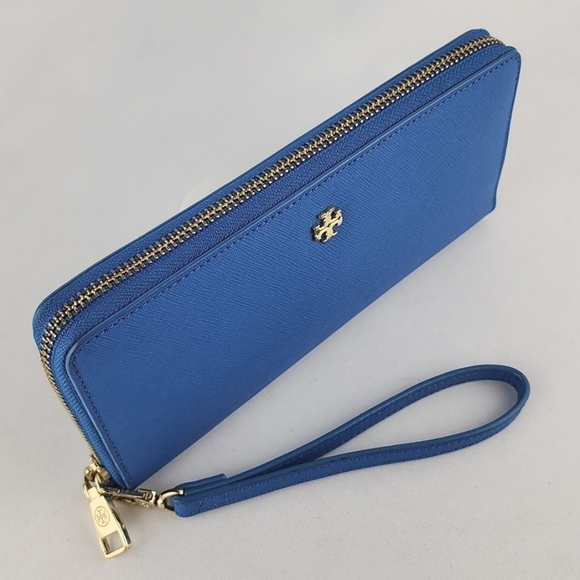Tory Burch Wallet Wristlet Robinson Continental Leather Royal Blue Zip Around - Picture 3 of 14